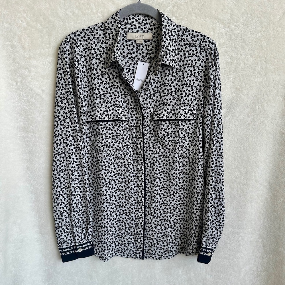 NWT LOFT Leopard Print Button Down Shirt Black Contrast Cuffs Womens Small $59